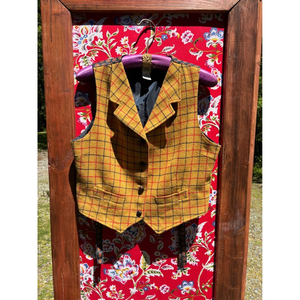 Vintage Gap Mustard Yellow Plaid Wool Blend Retro Equestrian Vest Women's Size M - Picture 3 of 16